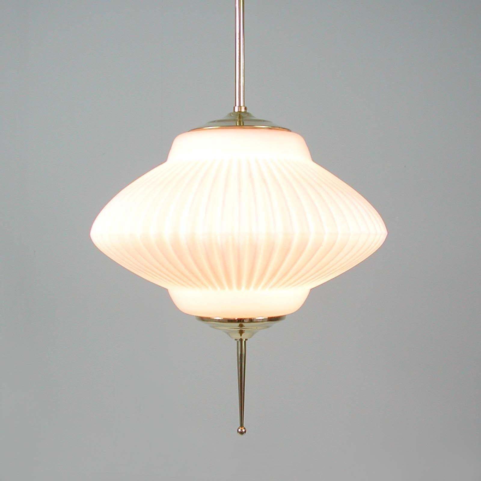 Midcentury Ribbed Milk Glass & Brass Globe Pendant, Stilnovo 'Attr.' photo 1348.0