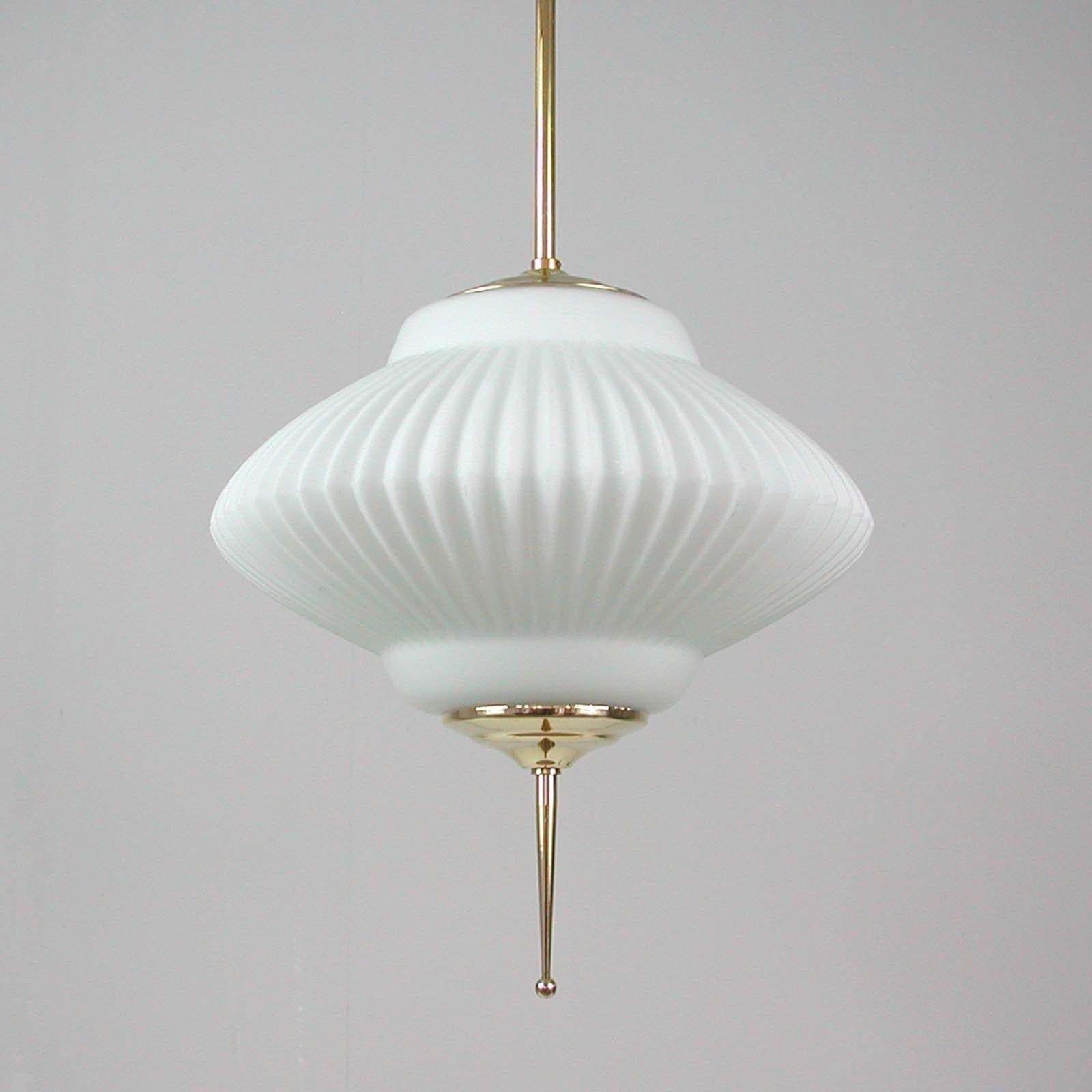 Midcentury Ribbed Milk Glass & Brass Globe Pendant, Stilnovo 'Attr.' photo vinterior