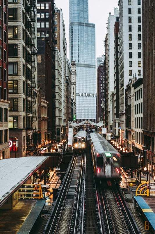"Trains Passing Over The Tracks In Downtown Chicago" By Aerialperspective Images