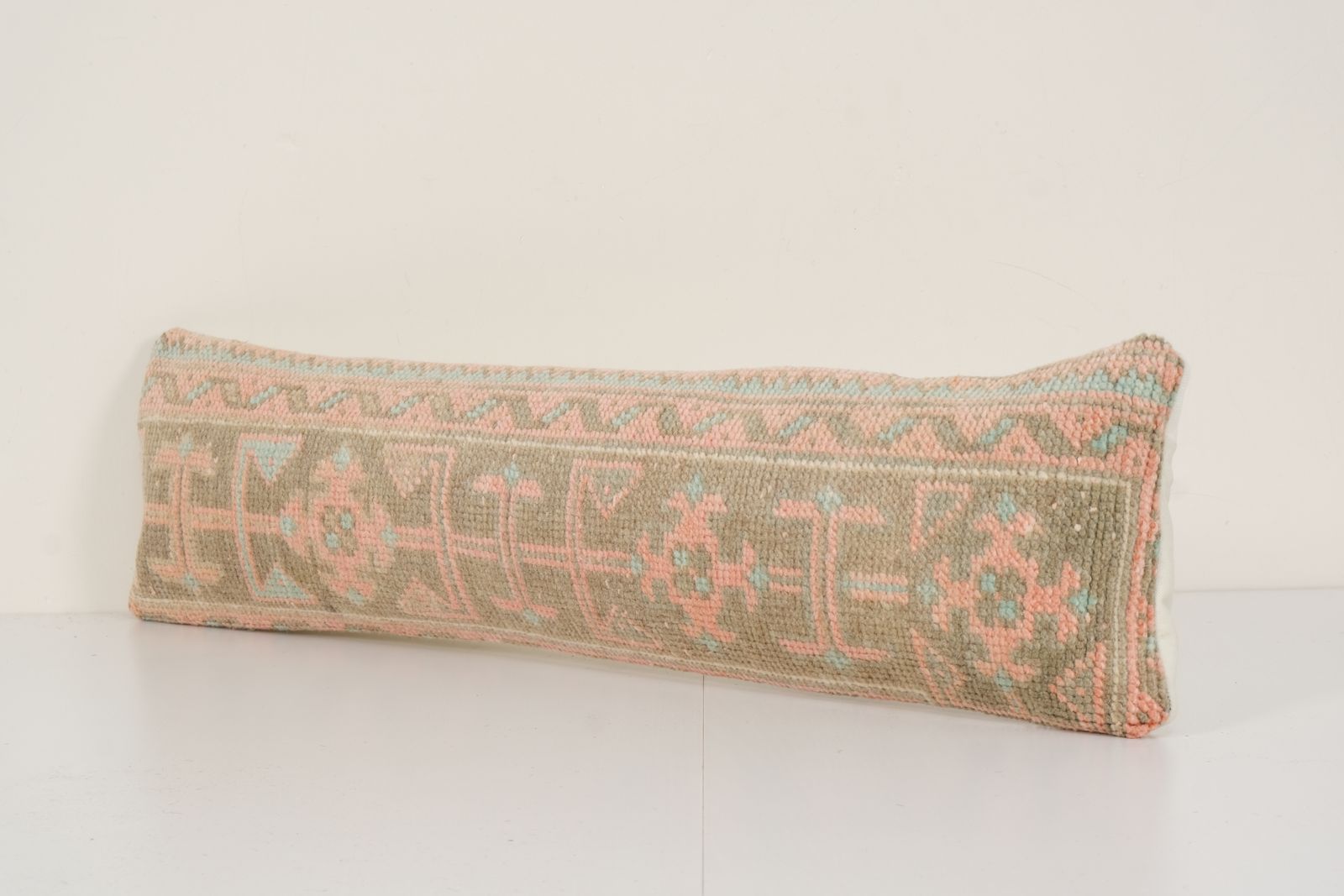 Bohemian Bedding  Pillow Cover, Faded Long Turkish Lumbar Pillow With Mid Century Design, Boho Wool Woven Hippie Pillow 8" X 34" photo Textiles