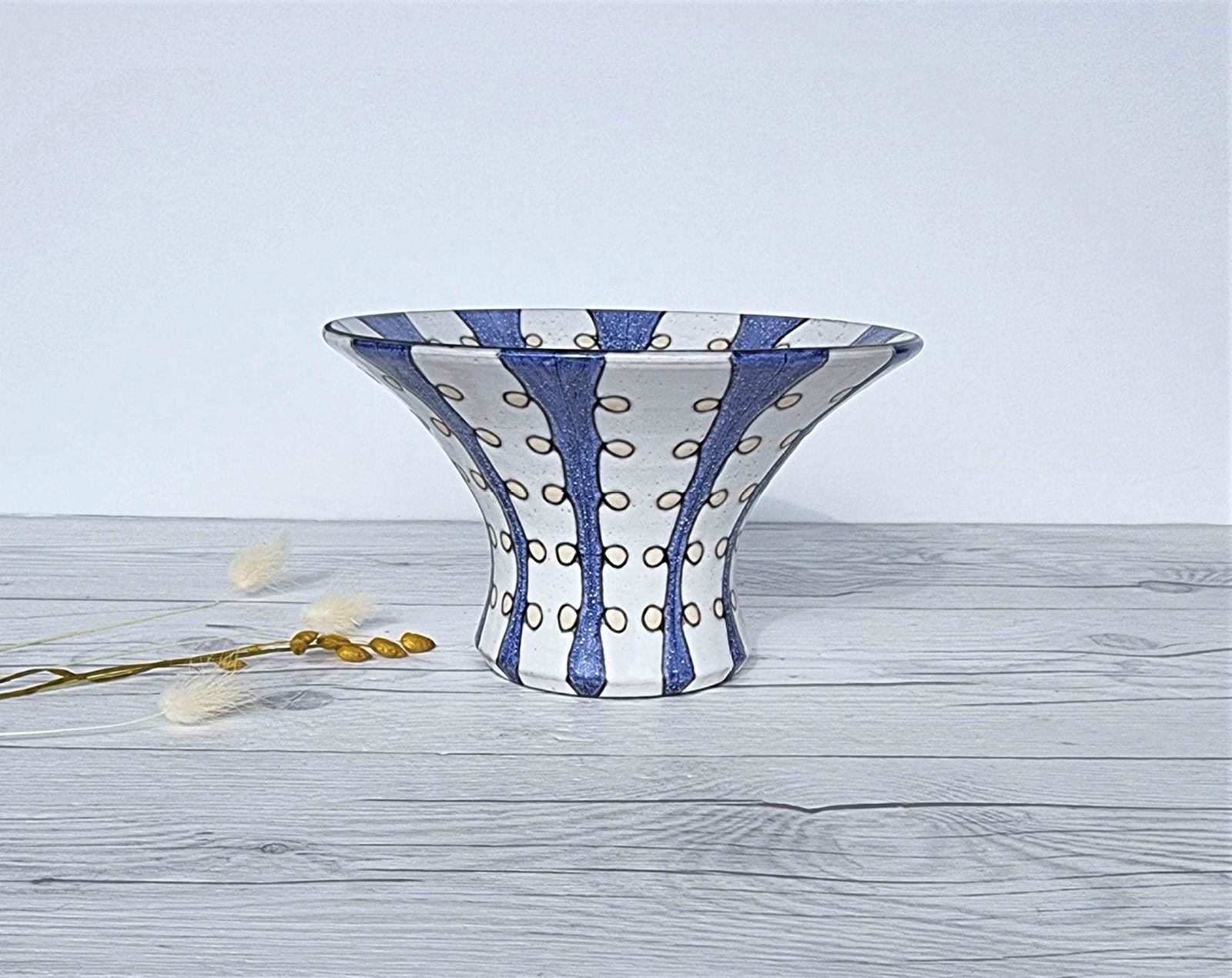 Mari Simmulson For Upsala Ekeby, 1956 57 Iris Series, Blue And White Stripe Polka, Wide Brim Vase photo 216.0
