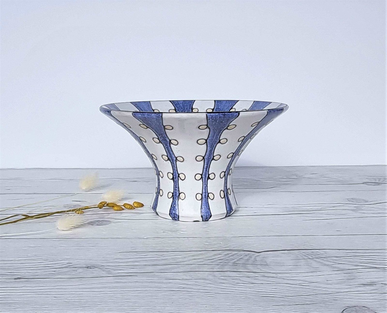 Mari Simmulson For Upsala Ekeby, 1956 57 Iris Series, Blue And White Stripe Polka, Wide Brim Vase photo vinterior