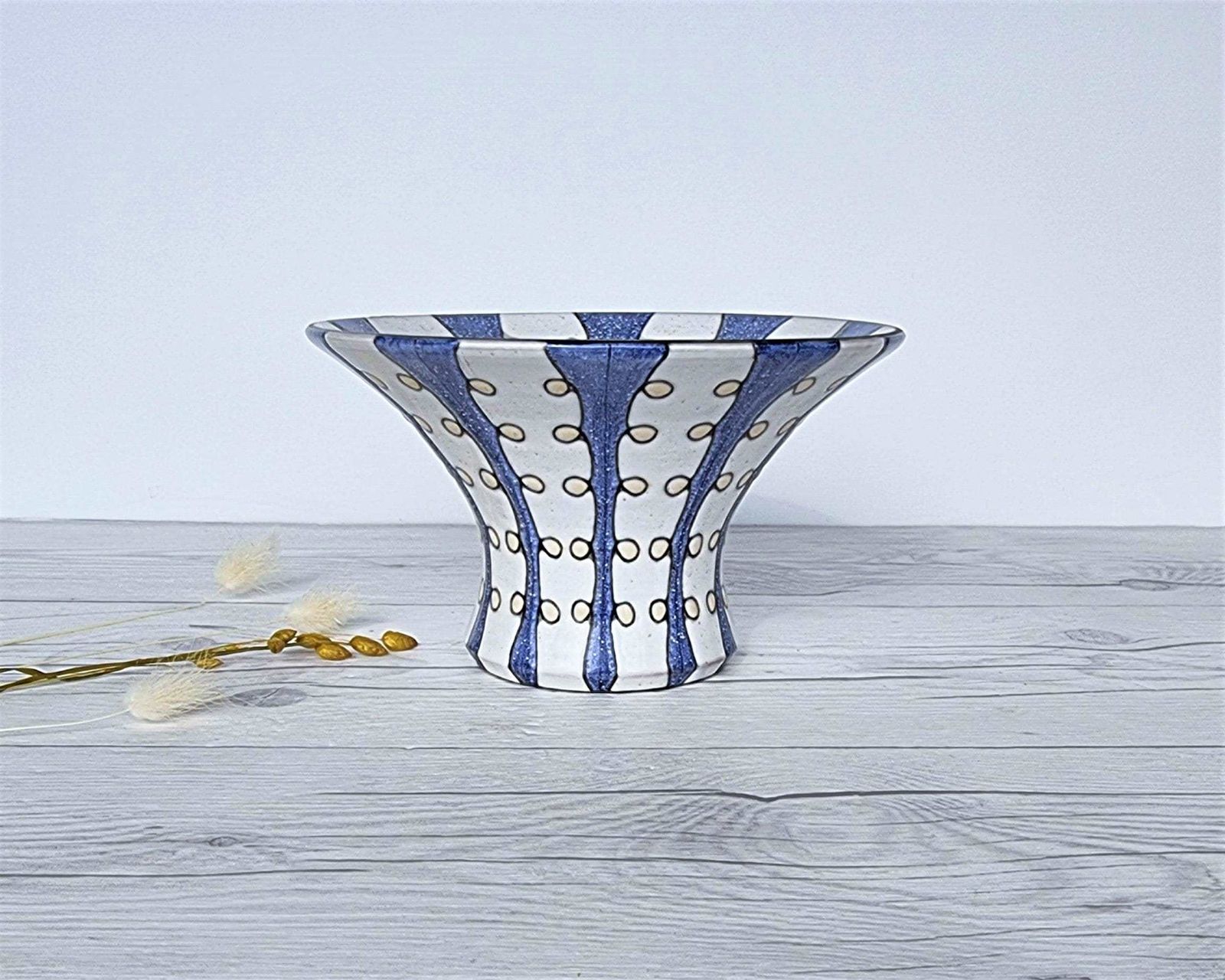 Mari Simmulson For Upsala Ekeby, 1956 57 Iris Series, Blue And White Stripe Polka, Wide Brim Vase photo buy