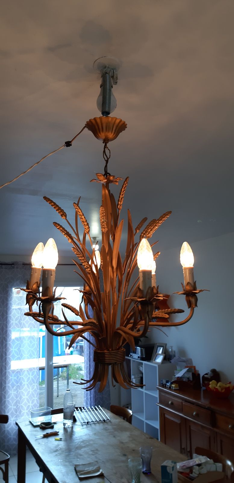 Vintage Golden Metal Chandelier With Ears Of Wheat photo Lighting