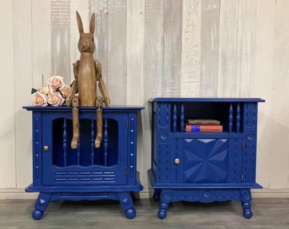 Two Hand Painted Vintage French Bedside Cabinets In Blue
