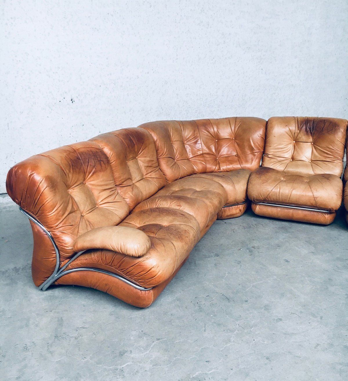 photo vinterior Mid Century Modern Italiaans Design Leren Hoekbank Van Ipe, Italië, Jaren 1970