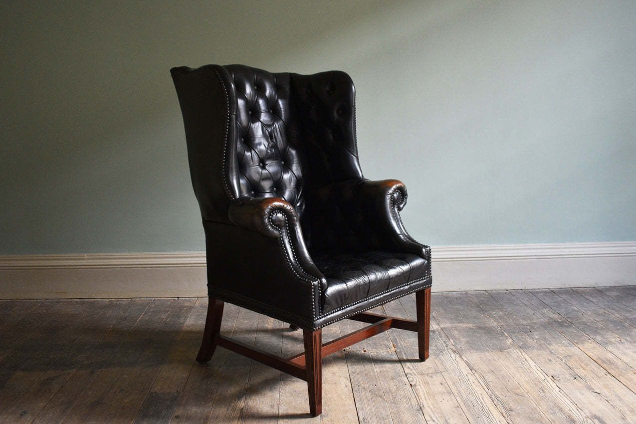 Georgian Black Leather Upholstered Wingback Armchair