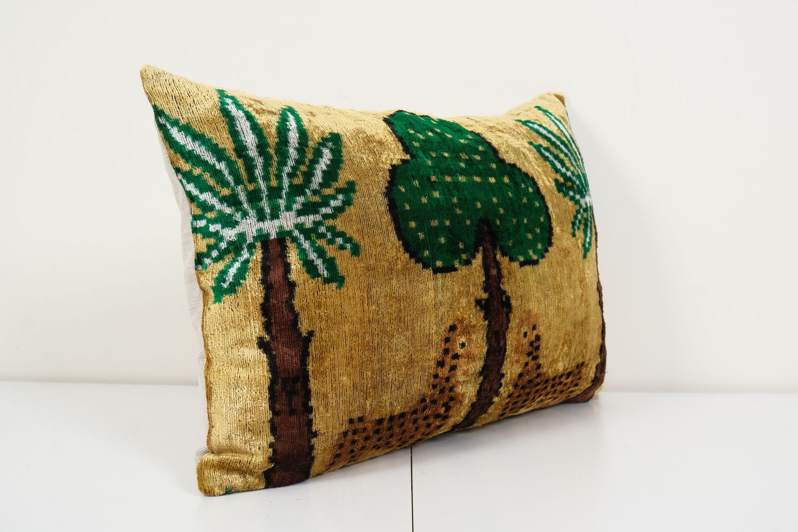 Tiger Design Ikat Velvet Pillow,  Silk Lumbar Cushion Cover, Animal Lumbar Pillows, Tree And Palm Design Velvet, Uzbek Tribal Pillow photo furniture