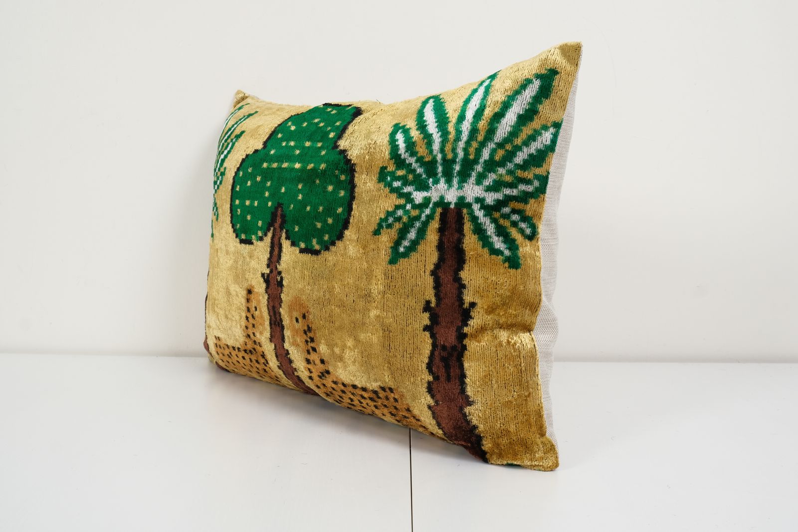 Tiger Design Ikat Velvet Pillow,  Silk Lumbar Cushion Cover, Animal Lumbar Pillows, Tree And Palm Design Velvet, Uzbek Tribal Pillow photo for sale