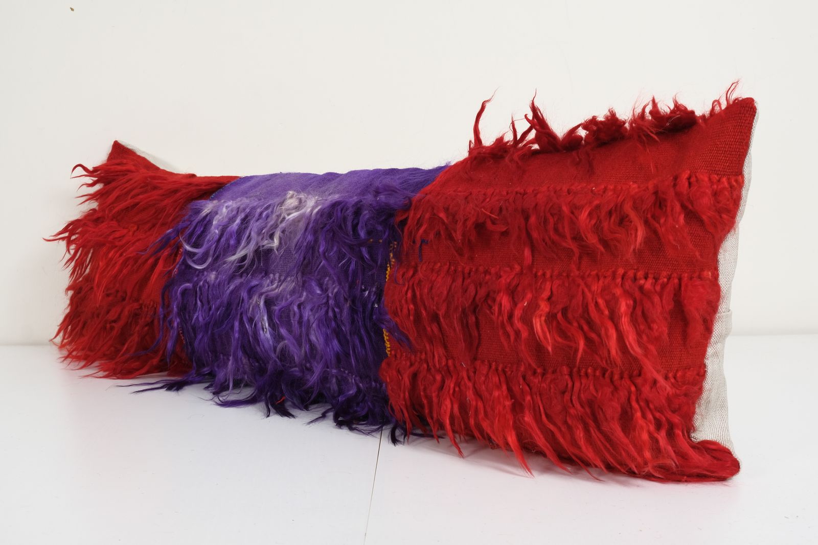 Vintage Turkish Shaggy Pillow, Home Decor Tulu Bedding Red Wool Pillow Cases Fashioned From A Mid 20th Century Tulu Rug 14" X 42" photo furniture