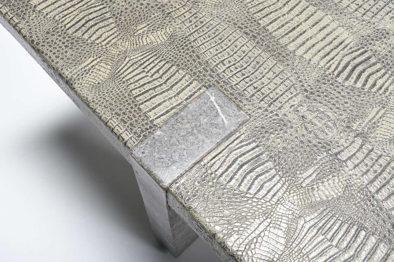 photo for sale 1970s Faux Crocodile Skin And Marble Coffee Table
