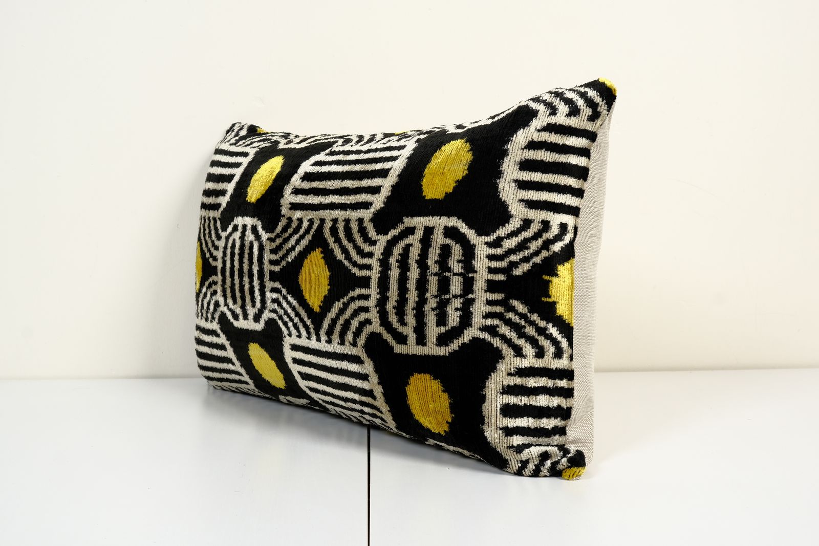Silk Ikat Velvet Pillow Cover, Black And Yellow Motif Ikat Lumbar Pillow Cover 16" X 24" photo for sale