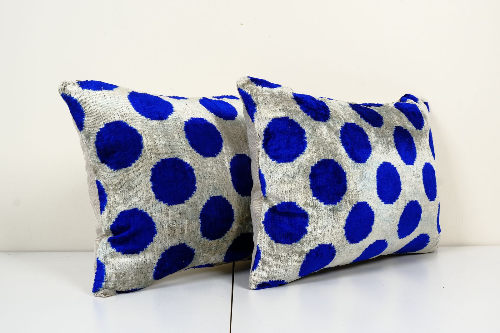 Ikat Blue Polka Dot Pillow Pillow Cover   Set Of Two Silk Ethnic Velvet Lumbar Pillowcase   Ethnic Decorative Cushion 16" X 22" photo Textiles