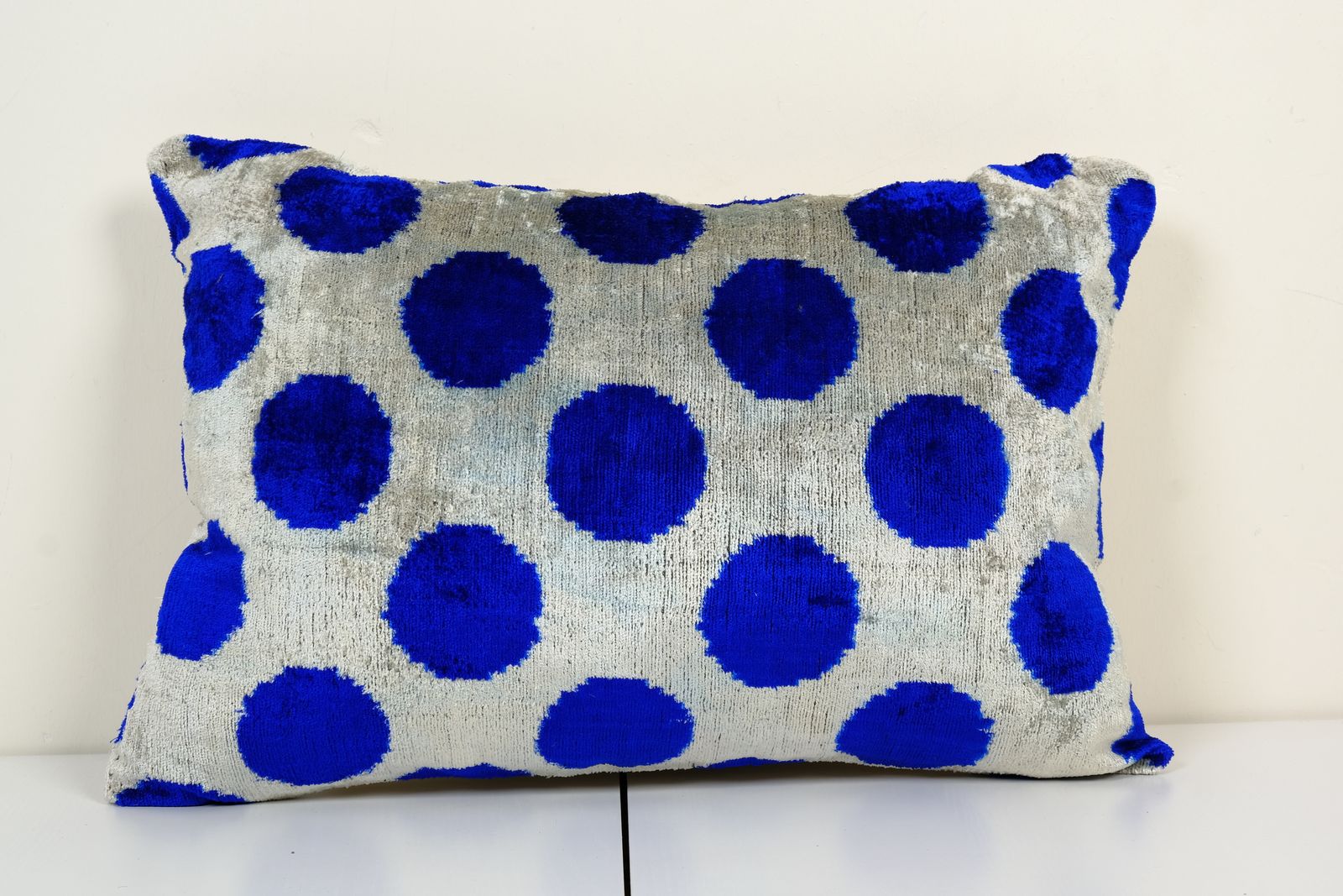 Blue Silk Ikat Velvet Pillow Cover, Handmade Polka Dot Ikat Lumbar Cushion Cover, Velvet  16" X 22"