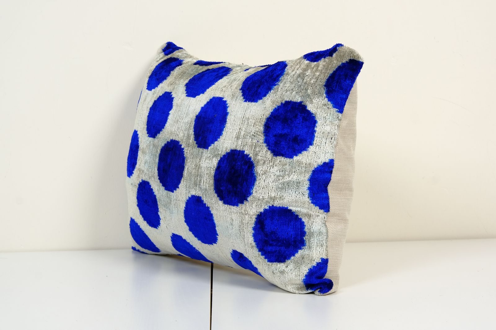 Blue Silk Ikat Velvet Pillow Cover, Handmade Polka Dot Ikat Lumbar Cushion Cover, Velvet  16" X 22" photo furniture