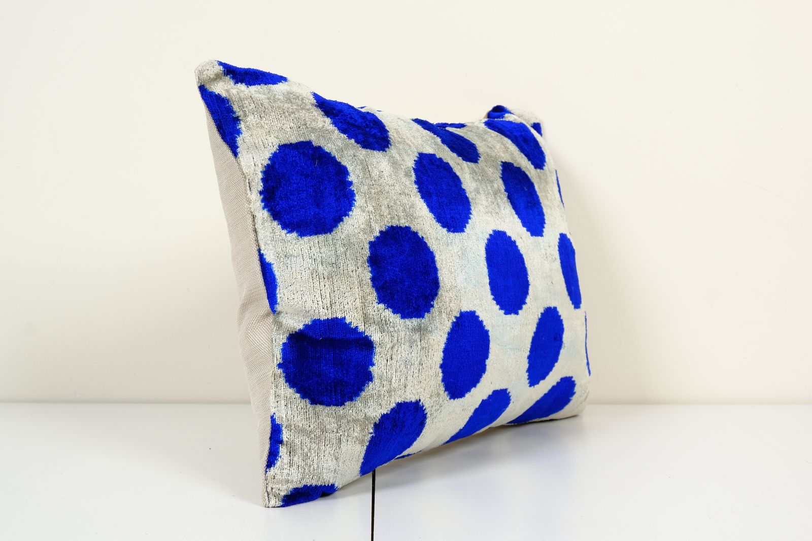 Blue Silk Ikat Velvet Pillow Cover, Handmade Polka Dot Ikat Lumbar Cushion Cover, Velvet  16" X 22" photo Textiles