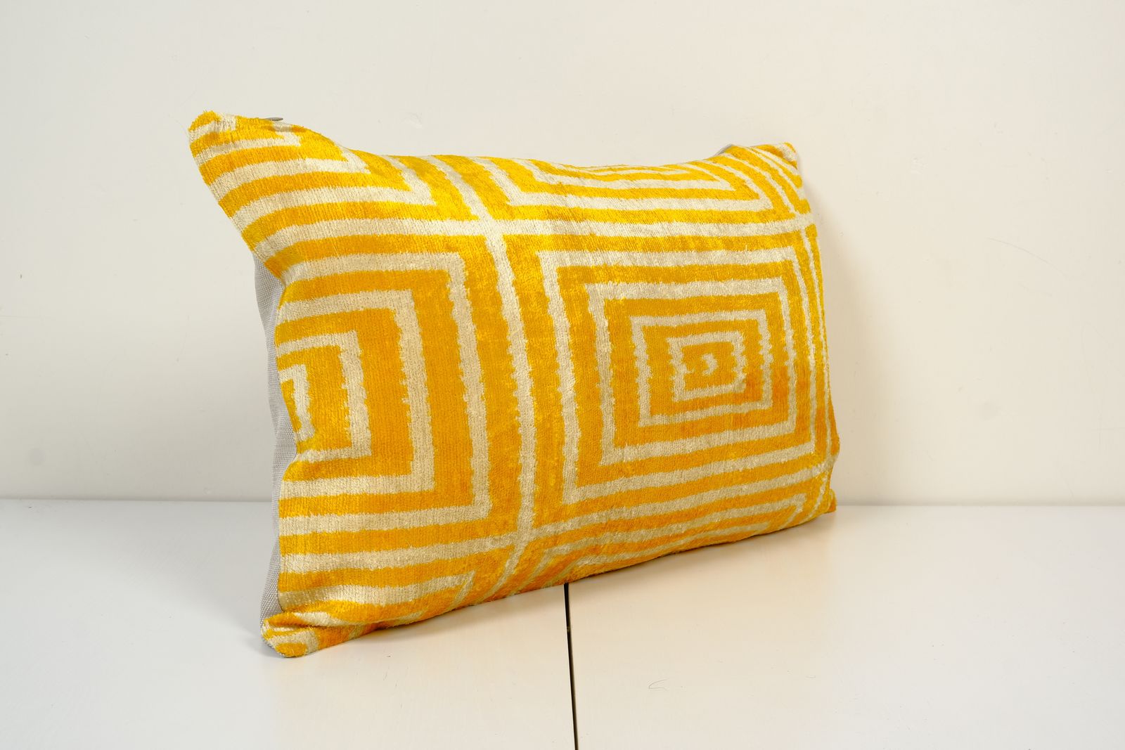 16" X 24" Christmas Day Gift Pillow, Silk Ikat Velvet Pillow, Ethnic Ikat Lumbar Pillowcase, Yellow Labyrinth Geometric Velvet Cushion photo Textiles
