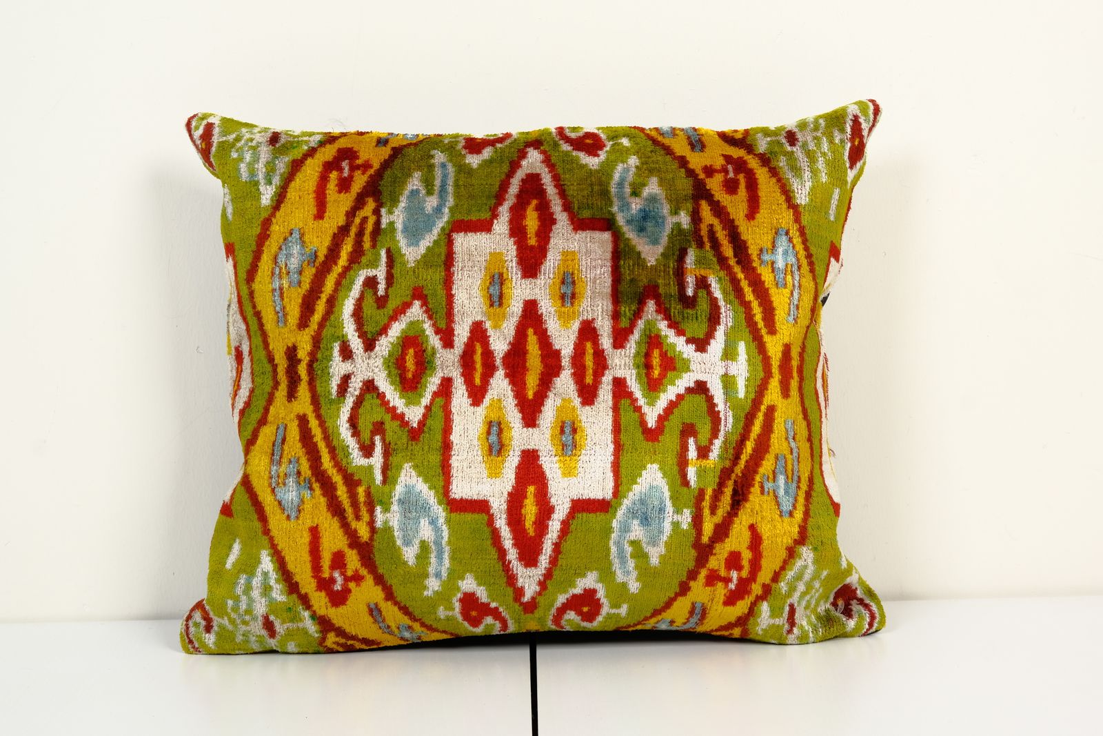 16" X 20" Orange Turkish Ikat Velvet Pillow, Silk Lumbar Cushion Cover, Boho Pillow