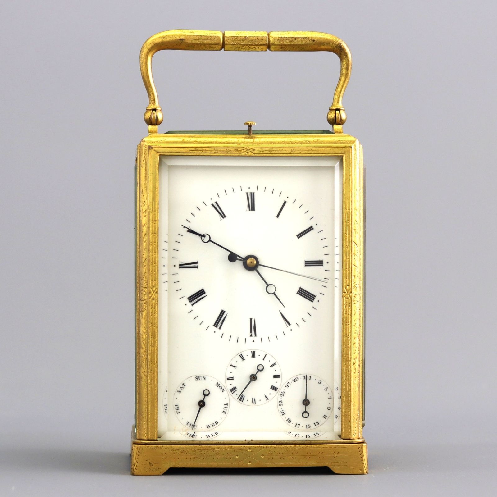 Engraved Gilt Centre Seconds Calendar Alarm Carriage Clock By Japy Freres C1860 photo furniture