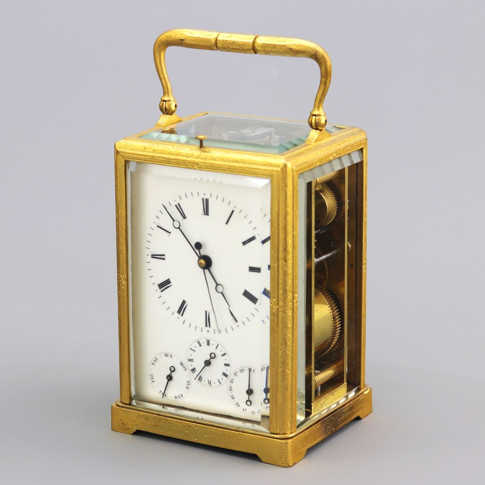 Engraved Gilt Centre Seconds Calendar Alarm Carriage Clock By Japy Freres C1860 photo Home Decor
