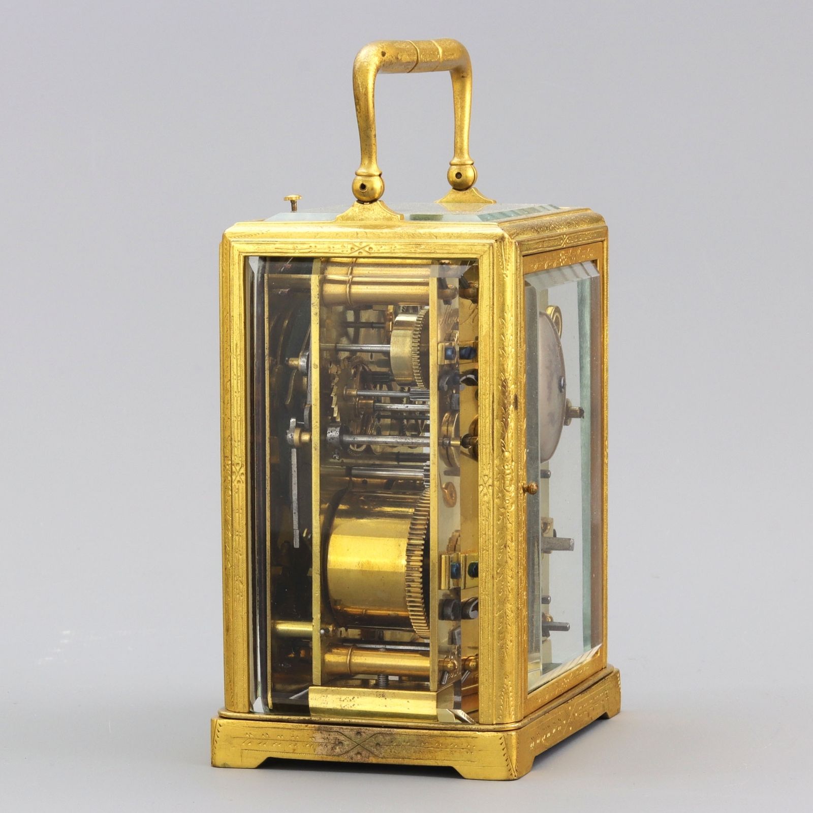 Engraved Gilt Centre Seconds Calendar Alarm Carriage Clock By Japy Freres C1860 photo vinterior
