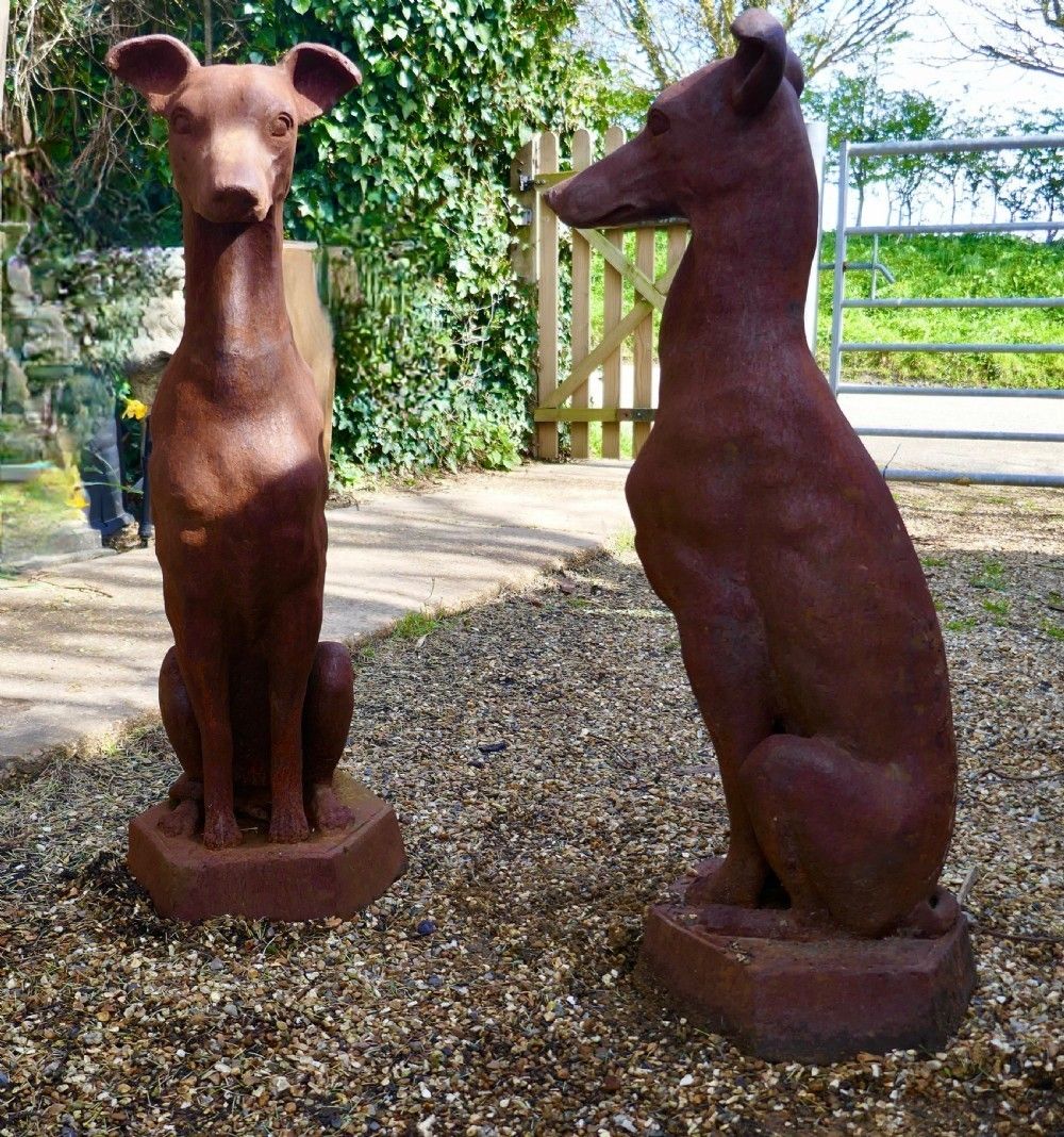 Pair Of Large Outdoor Weathered Cast Iron Greyhound Dogs