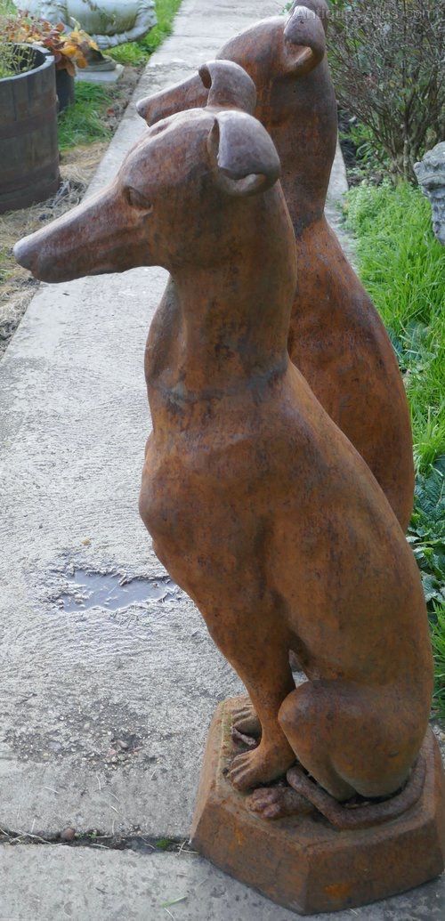 Pair Of Large Outdoor Weathered Cast Iron Greyhound Dogs photo furniture