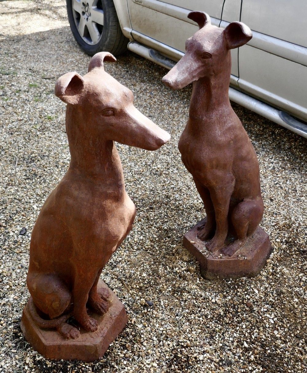 Pair Of Large Outdoor Weathered Cast Iron Greyhound Dogs photo buy