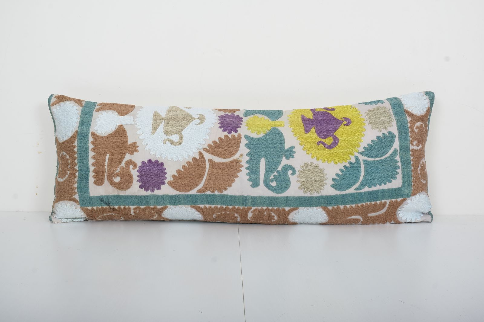 10" X 30" Lumbar King Bed  Cotton Suzani Pillow Cover, Exquisite White Washed Colorful  Pillow Cover, Designer