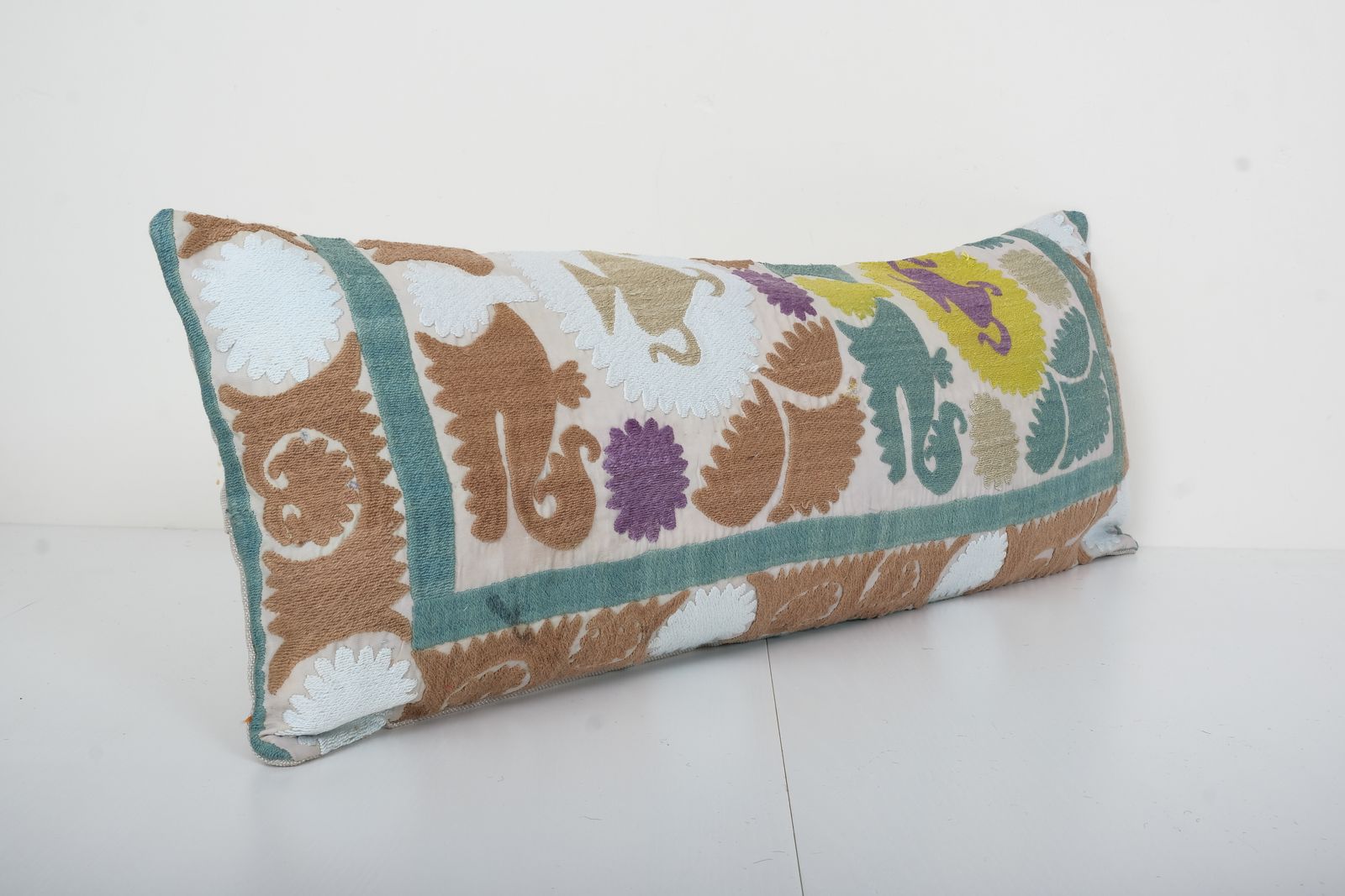 10" X 30" Lumbar King Bed  Cotton Suzani Pillow Cover, Exquisite White Washed Colorful  Pillow Cover, Designer photo Textiles