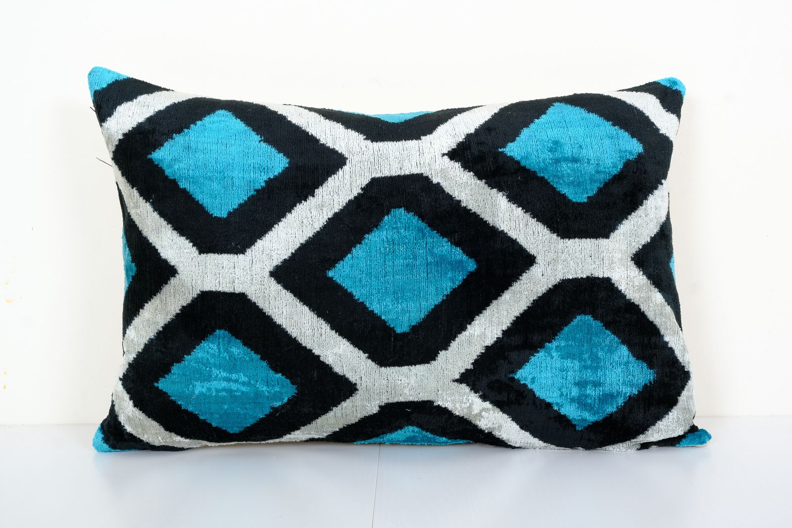 16" X 24" Ikat Pillow, Turquoise Blue Silk Velvet Pillow Cover, Beige Ikat Pillow Geometric Ikat Velvet Pillow Cover