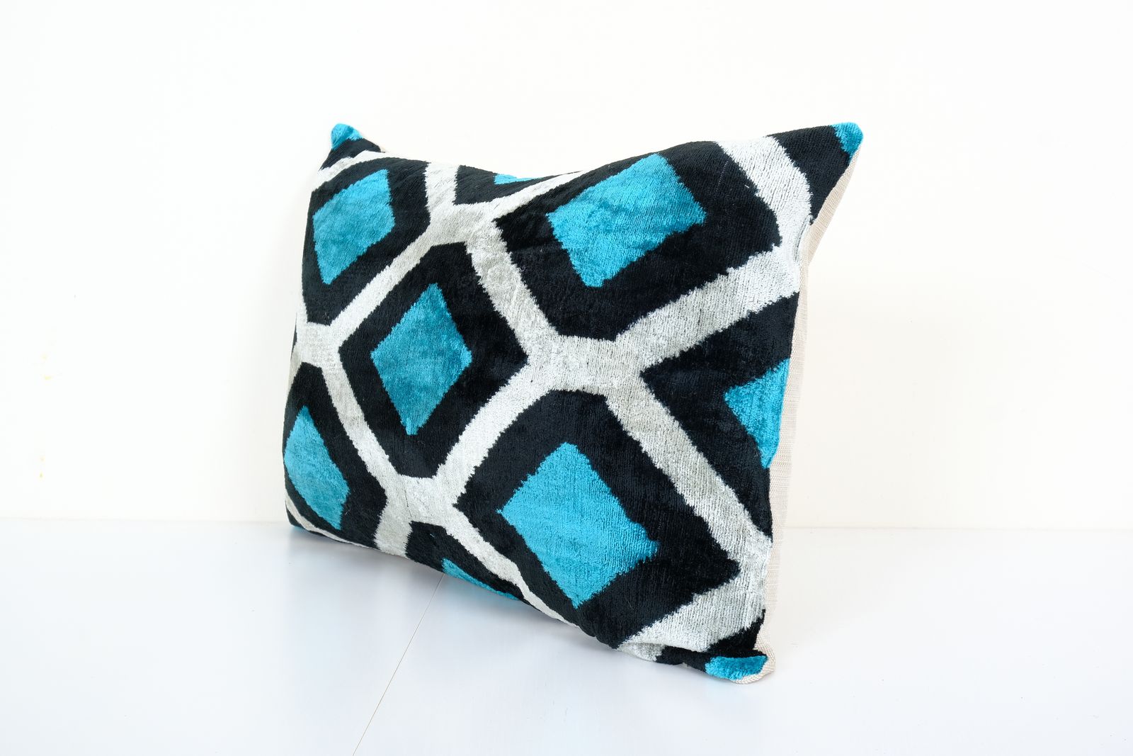 16" X 24" Ikat Pillow, Turquoise Blue Silk Velvet Pillow Cover, Beige Ikat Pillow Geometric Ikat Velvet Pillow Cover photo for sale