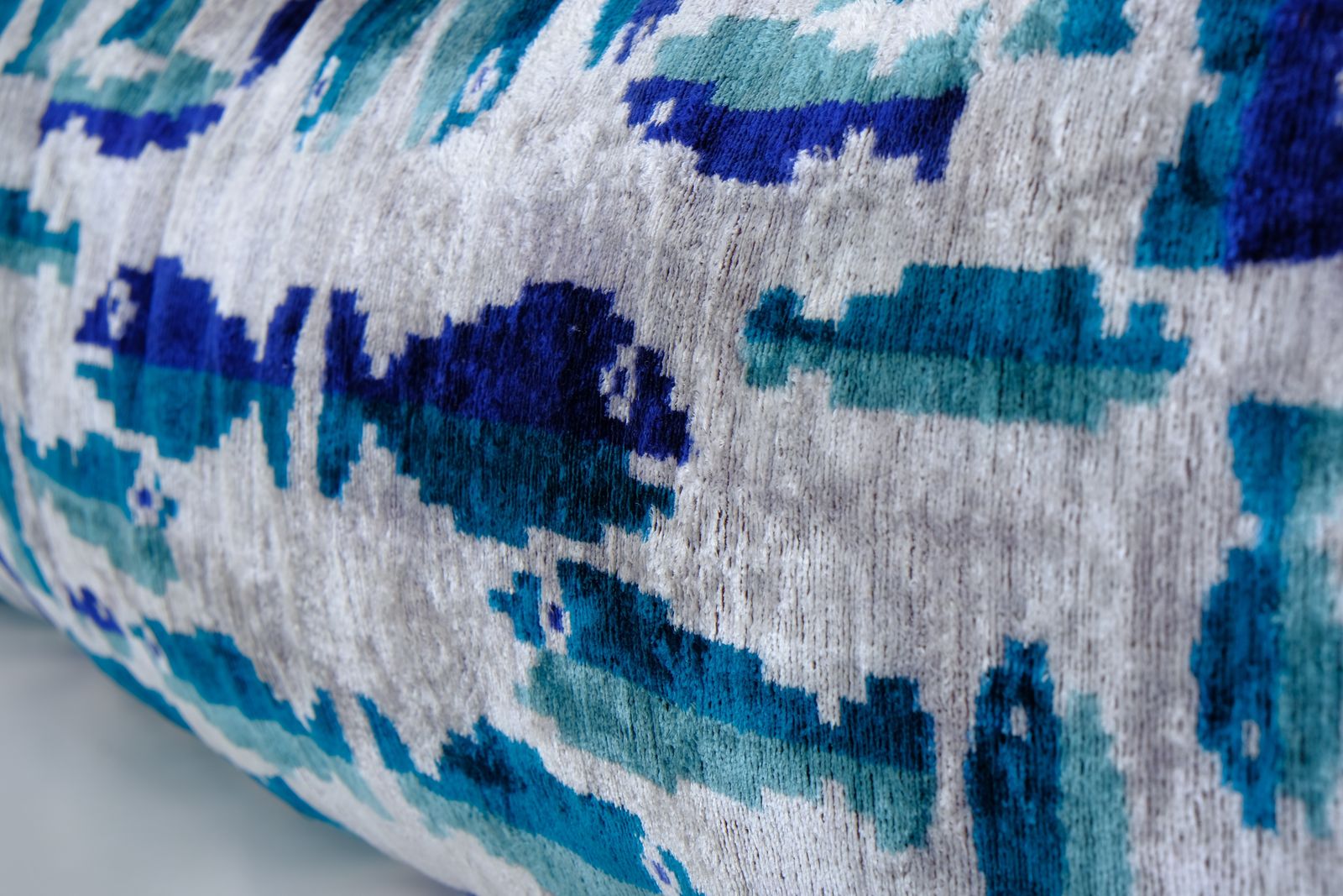 Extra Long Silk Ikat Velvet Pillow With Fish Motifs, Turquoise Velvet Oversize Cushion Cover, Ikat Velvet Bedding Pillow 16" X 48" photo 110.0