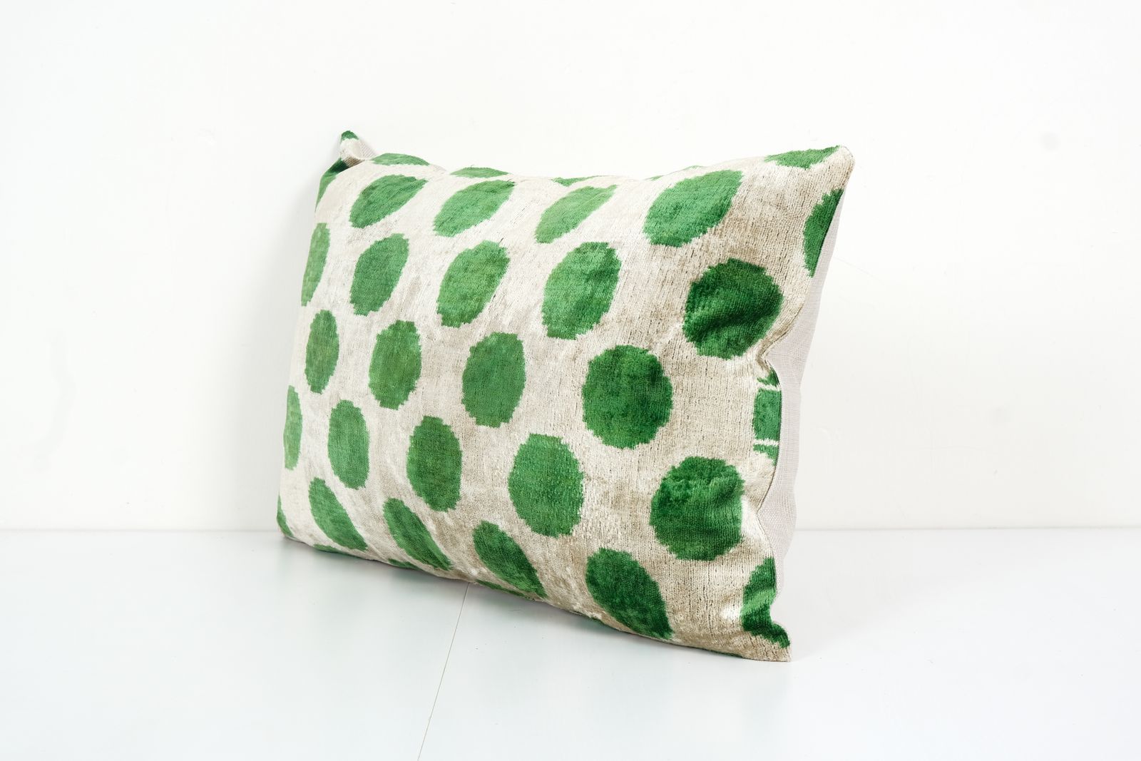 Silk Green Ikat Velvet Pillow, Silk Lumbar Cushion Cover, Polka Dot Design Velvet , Boho Chic Pillow Cover 14" X 24" photo furniture