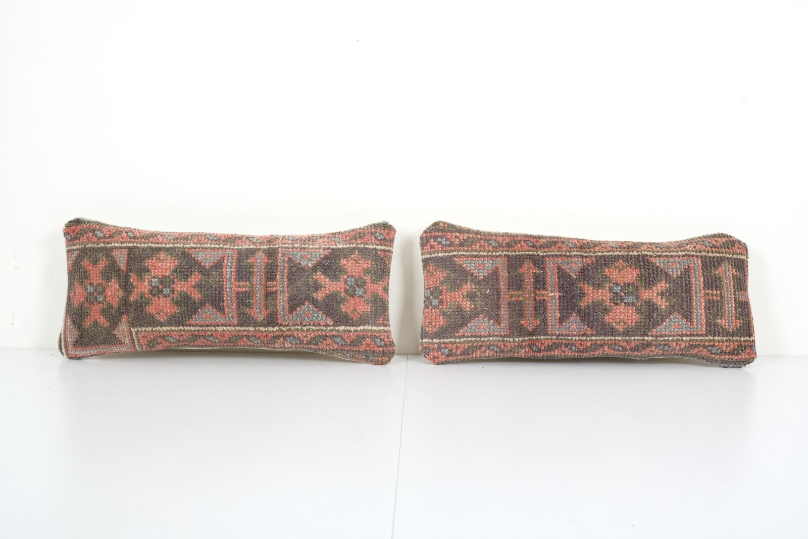 Organic Wool Muted Brown Carpet  Pillow, Set Of Two Faded Ethnic Turkish Yastik Pillow   Designer  8" X 20"
