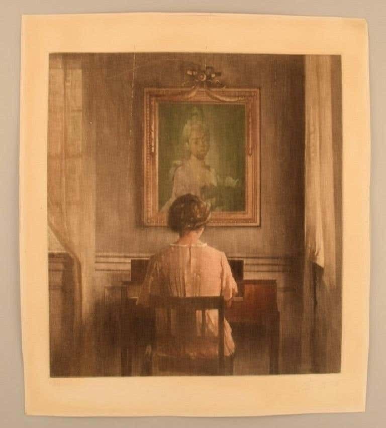 Peter Ilsted, Mezzotint In Colors, "By The Spinette", Early 20th C photo furniture