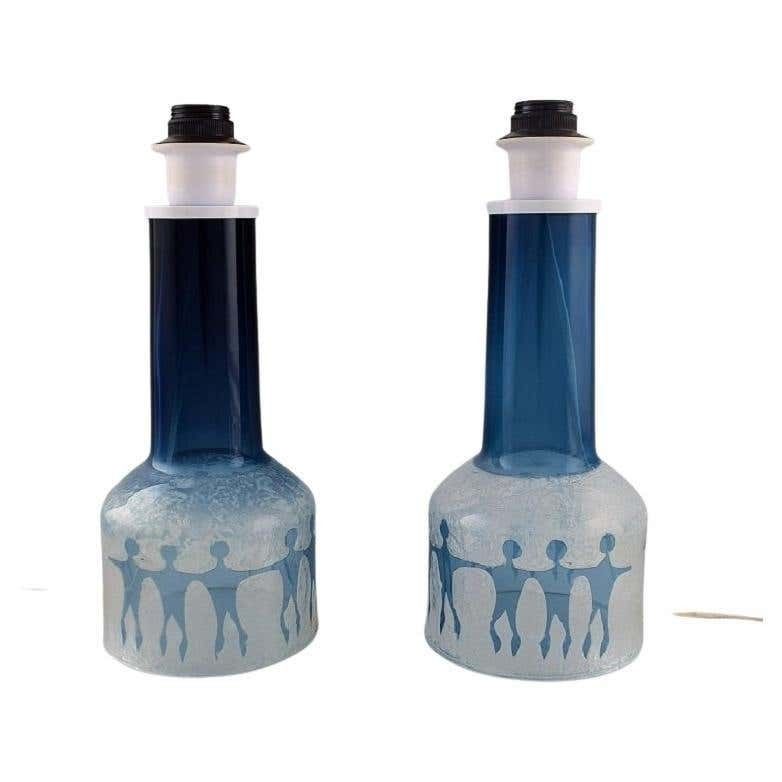 Ove Sandberg For Kosta Boda, Two Table Lamps In Blue And Clear Art Glass
