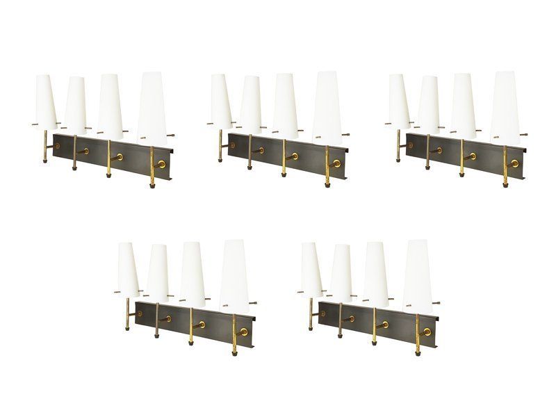 Black Metal Brass And Opaline Glass 4 Light Wall Lamps  Set Of 5