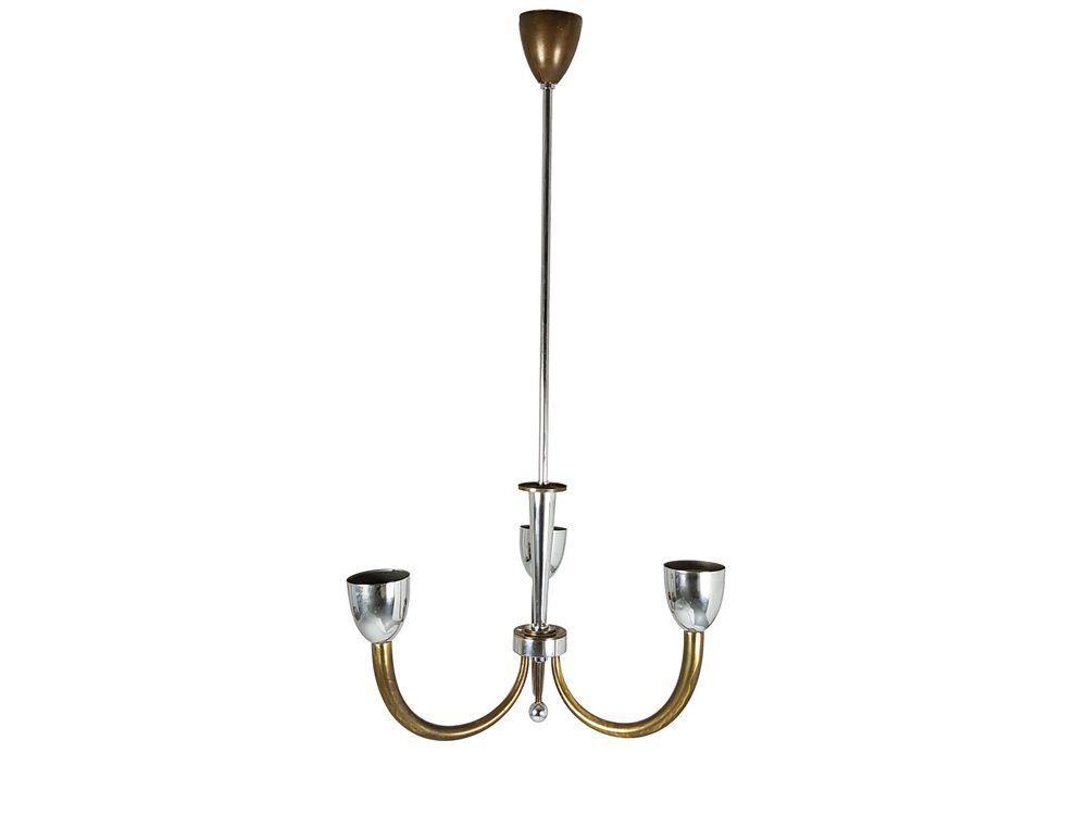 Vintage Italian Brass And Chrome Plated Metal Pendant Lamp 1940s