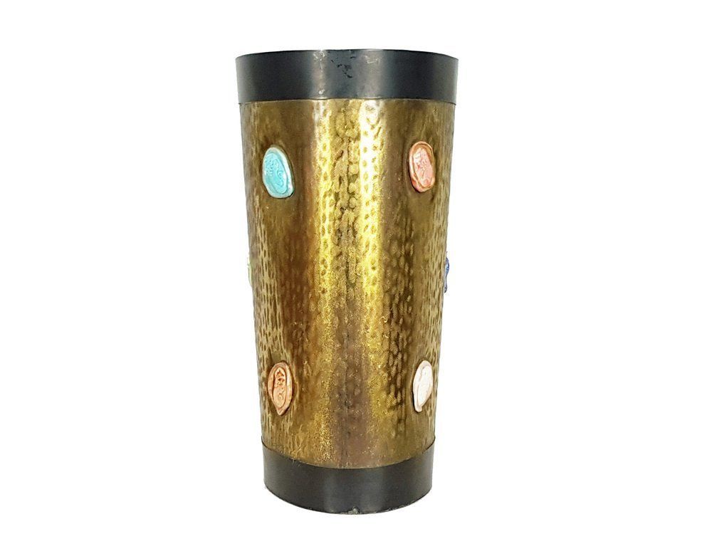 Mid Century Italian Black Metal Engraved Brass And Ceramic Umbrella Stand 1950s photo 1070.0