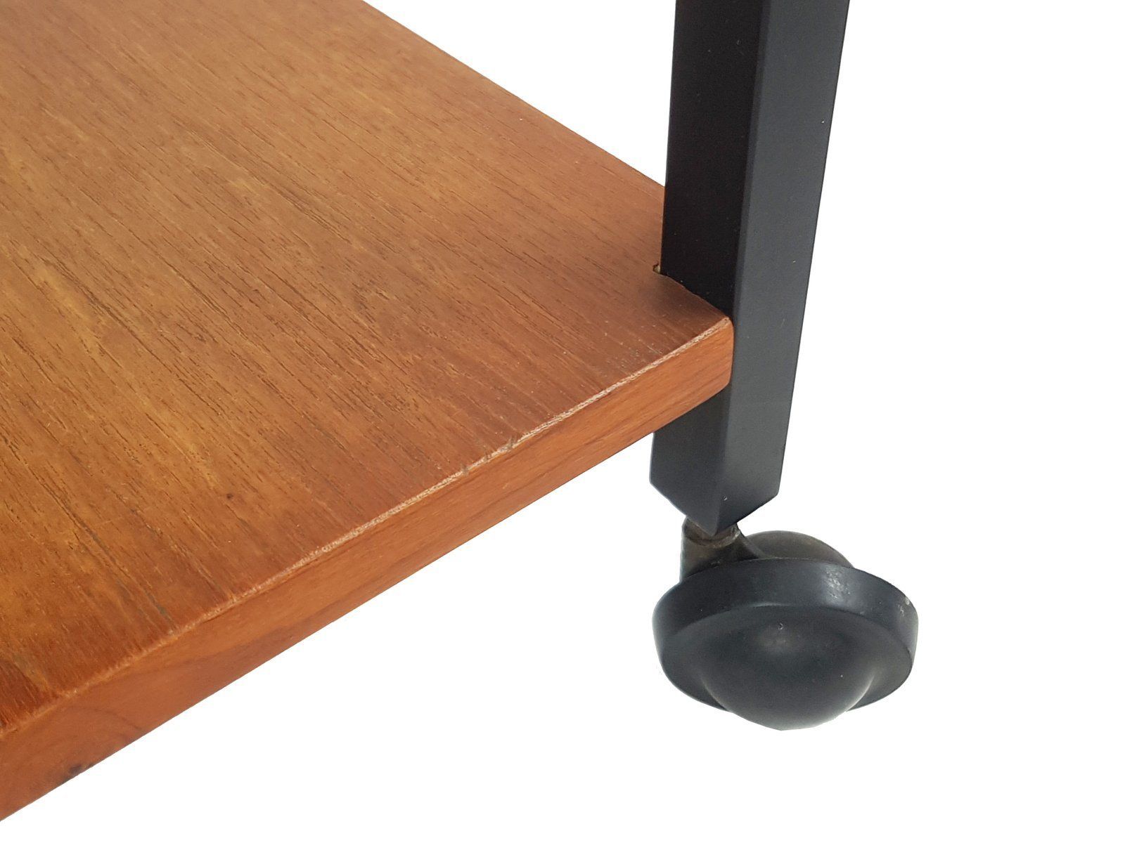 Small Mid Century Modern Black Metal And Teak Wood Serving Table On Wheels photo for sale