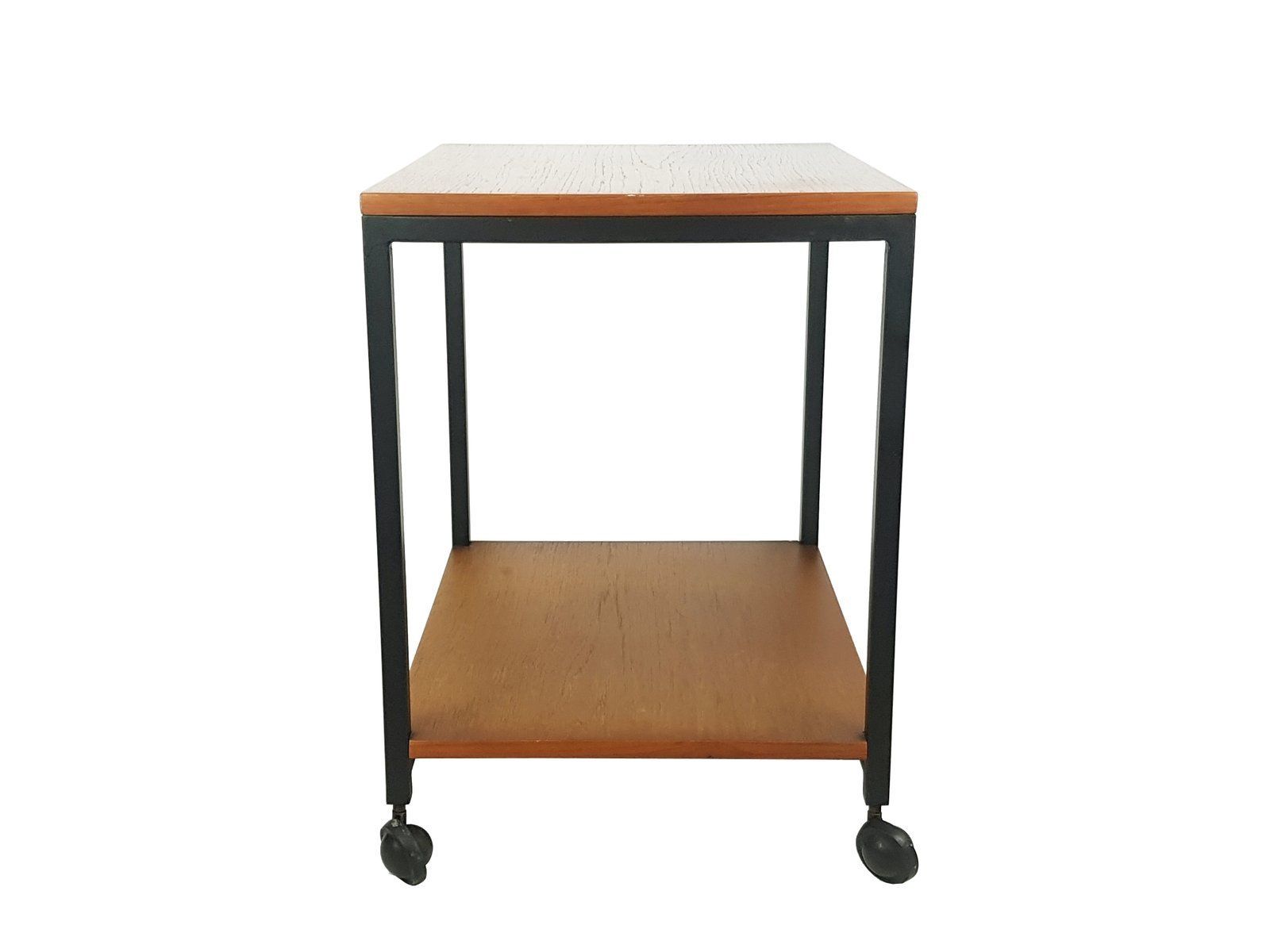 Small Mid Century Modern Black Metal And Teak Wood Serving Table On Wheels photo Furniture