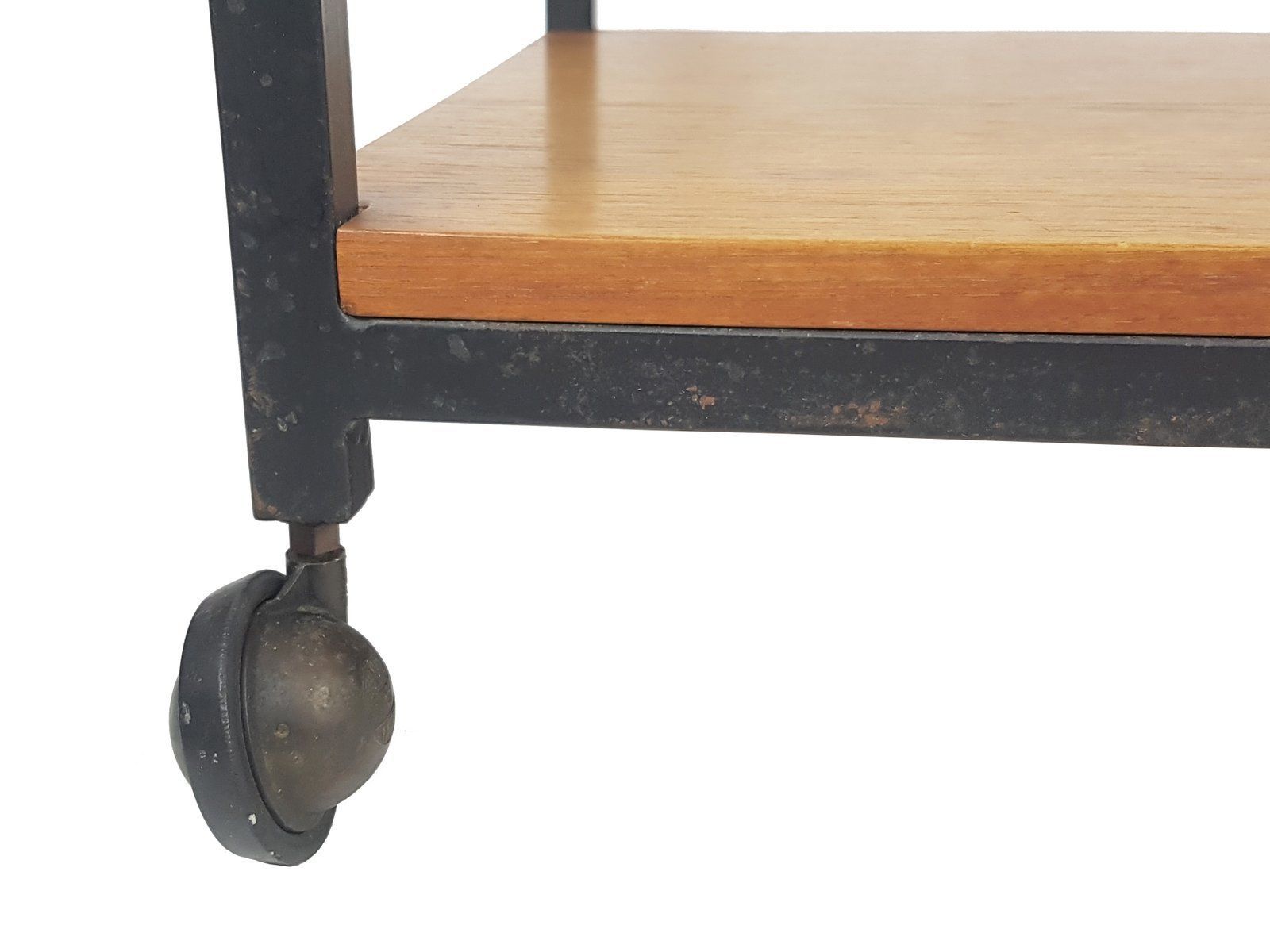 Small Mid Century Modern Black Metal And Teak Wood Serving Table On Wheels photo buy