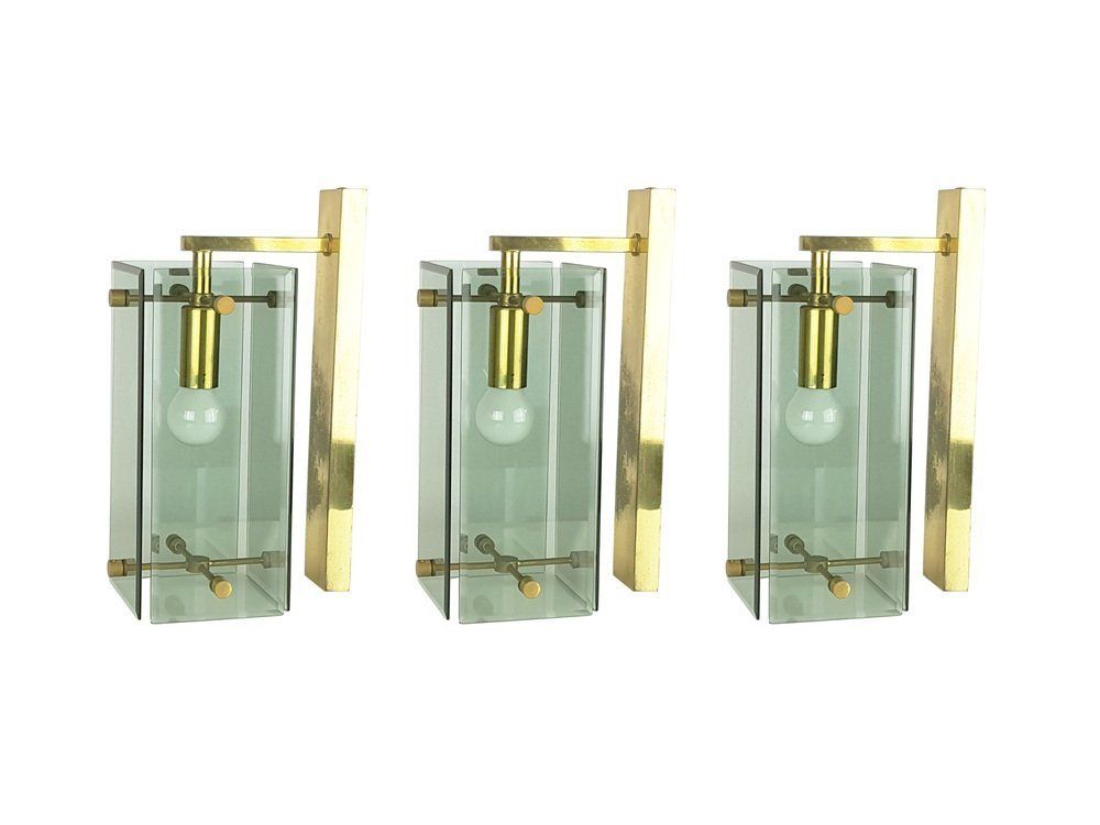 Mid Century Italian Brass And Smoked Glass Sconces From Cristal Art, Set Of 3