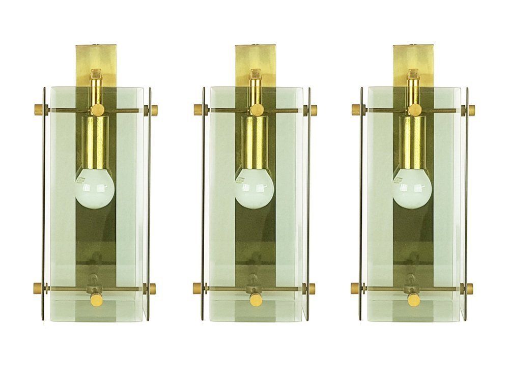 Mid Century Italian Brass And Smoked Glass Sconces From Cristal Art, Set Of 3 photo Lighting