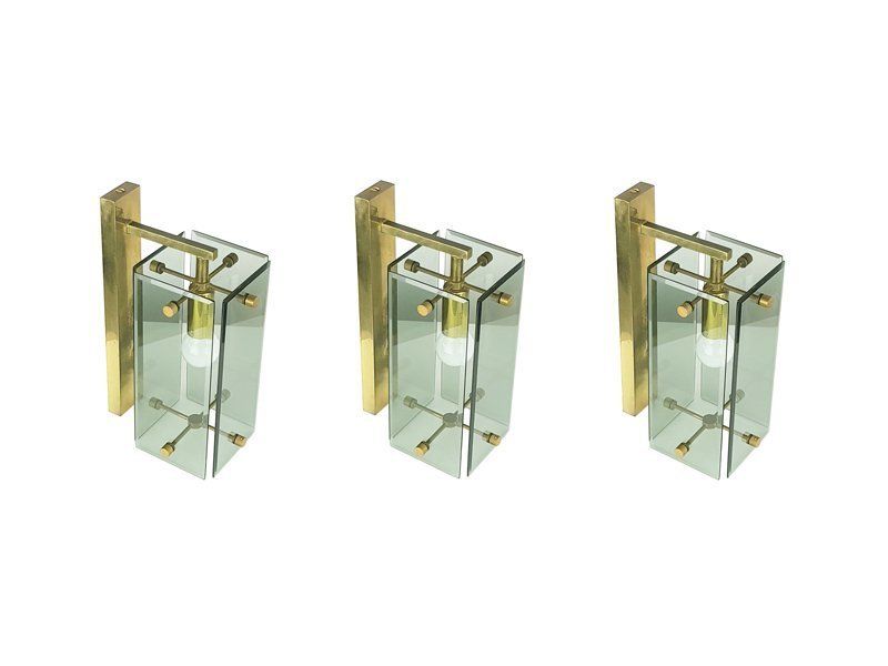 Mid Century Italian Brass And Smoked Glass Sconces From Cristal Art, Set Of 3 photo 1375.0