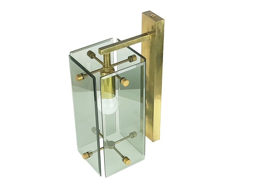 Mid Century Italian Brass And Smoked Glass Sconces From Cristal Art, Set Of 3 photo buy