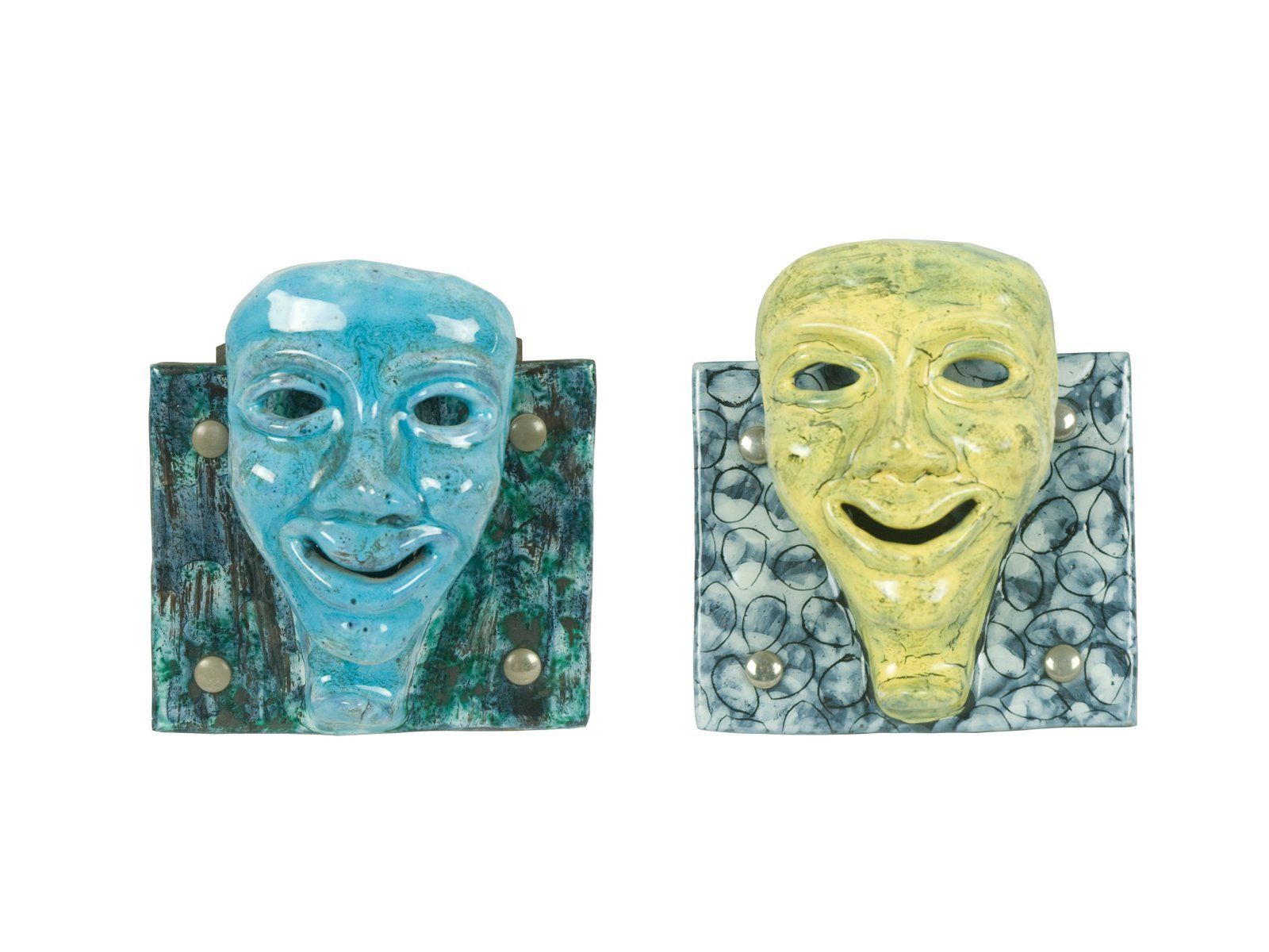 Mid Century Blue And Yellow Ceramic Mask Wall Racks, Set Of 2 photo furniture
