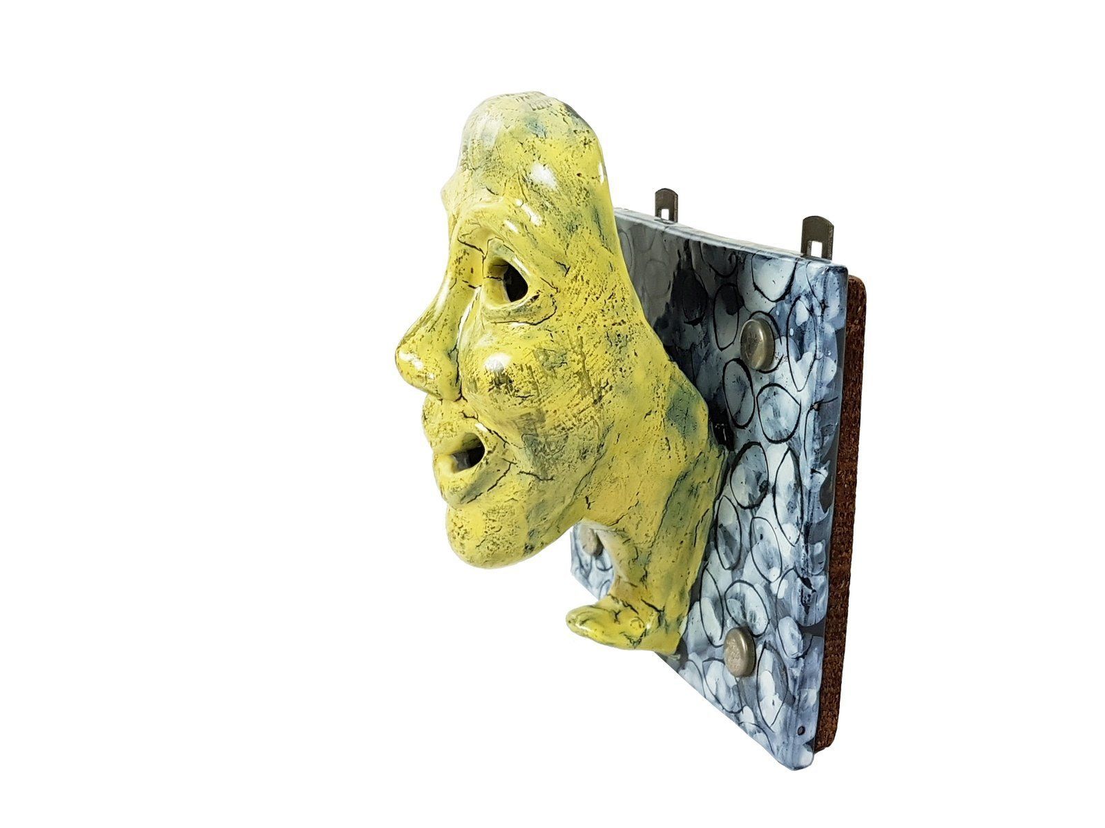 Mid Century Blue And Yellow Ceramic Mask Wall Racks, Set Of 2 photo Art