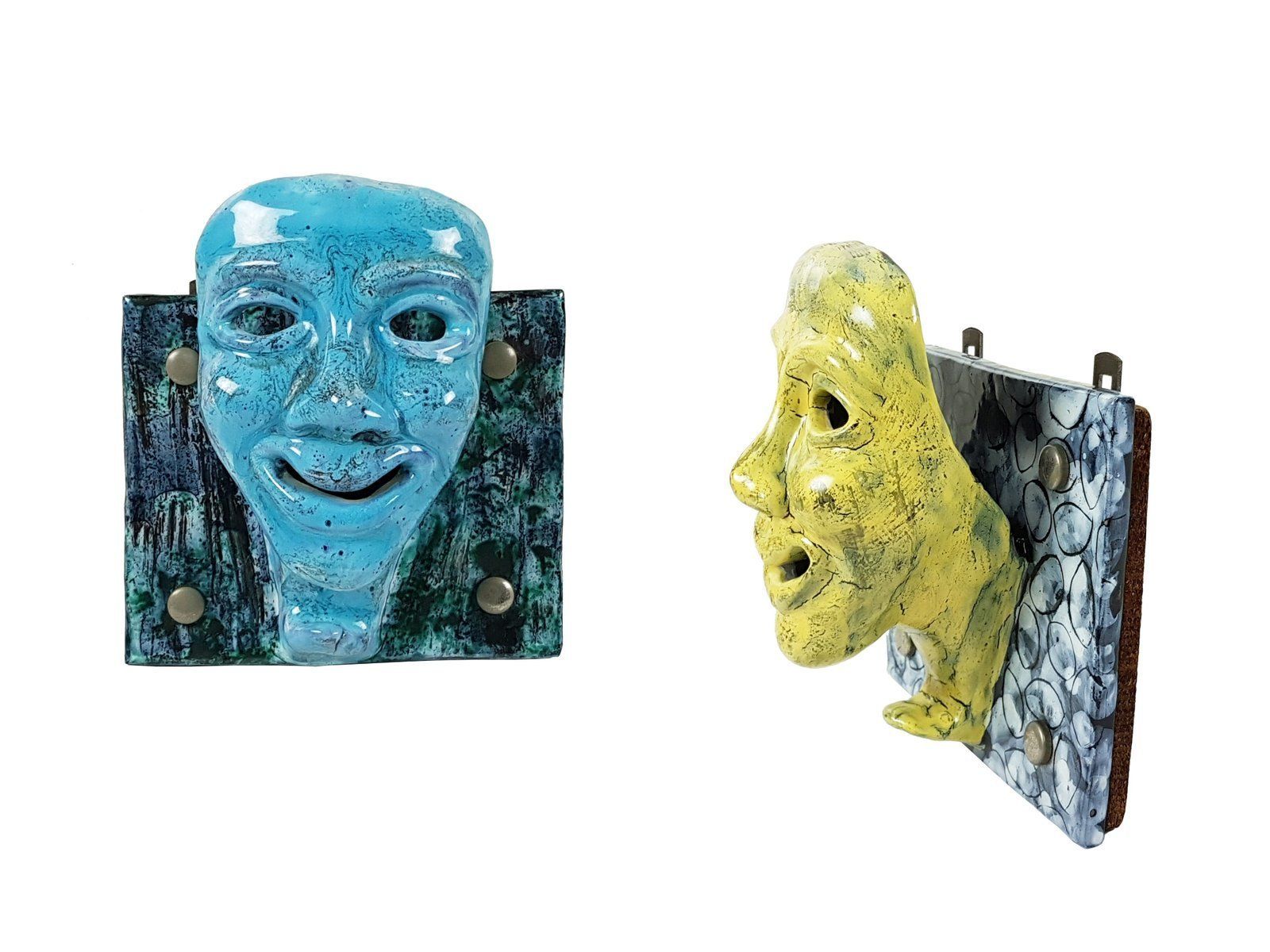 Mid Century Blue And Yellow Ceramic Mask Wall Racks, Set Of 2 photo 650.0
